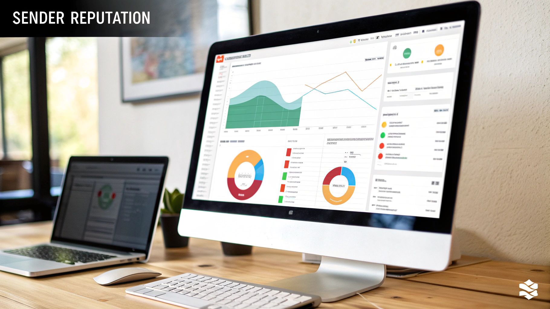 Email sender reputation dashboard displaying analytics charts and performance metrics on desktop monitor
