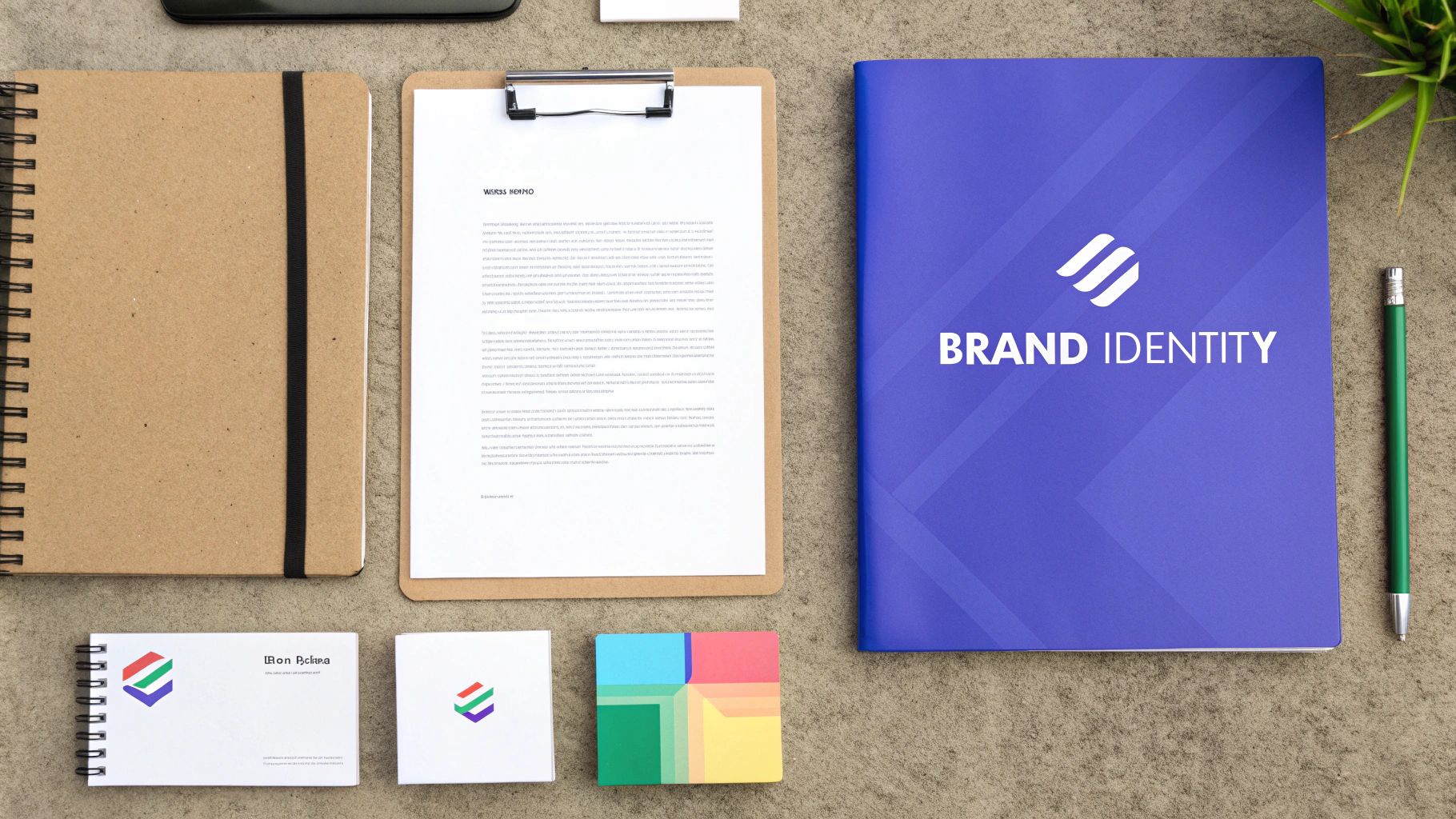 Flat lay of corporate branding items including a brown notebook, purple folder, business cards, and a memo.
