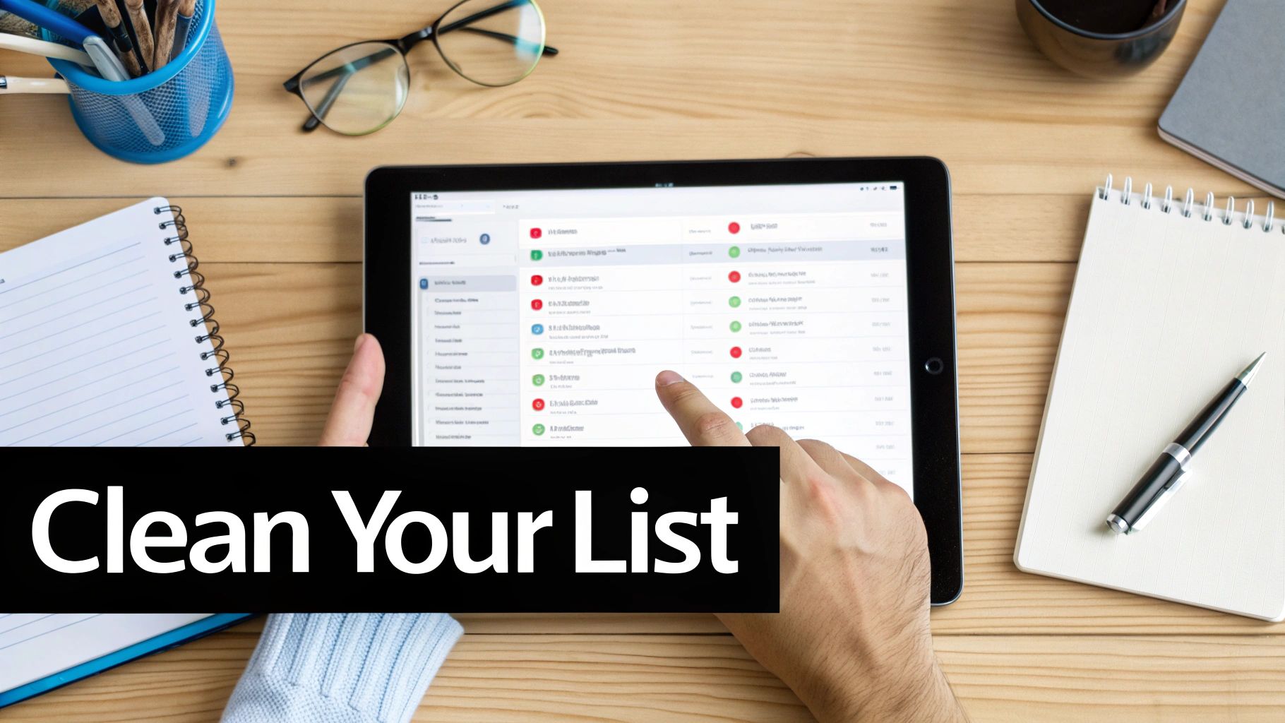 Person reviewing email list management dashboard on tablet device with color-coded status indicators