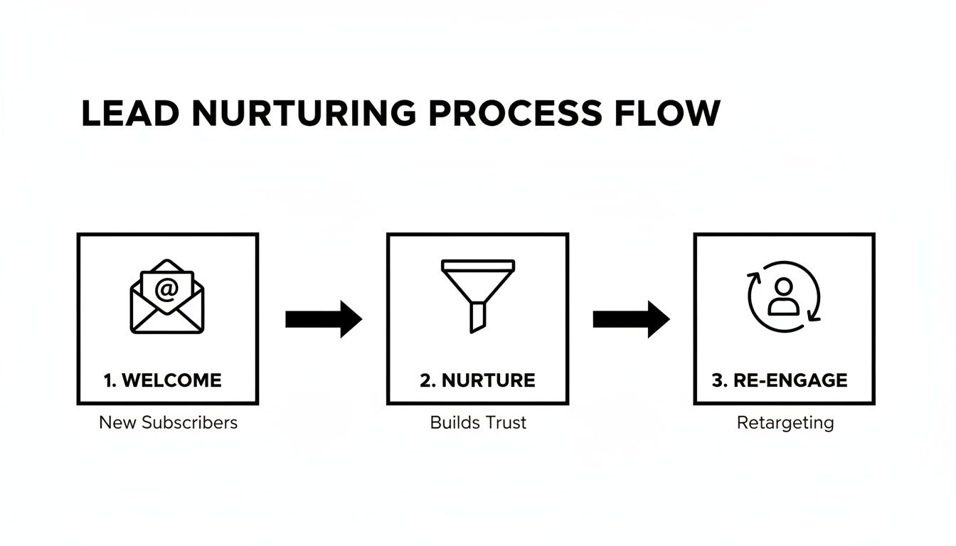 Diagram illustrating a lead nurturing process flow with welcome, nurture, and re-engage steps.