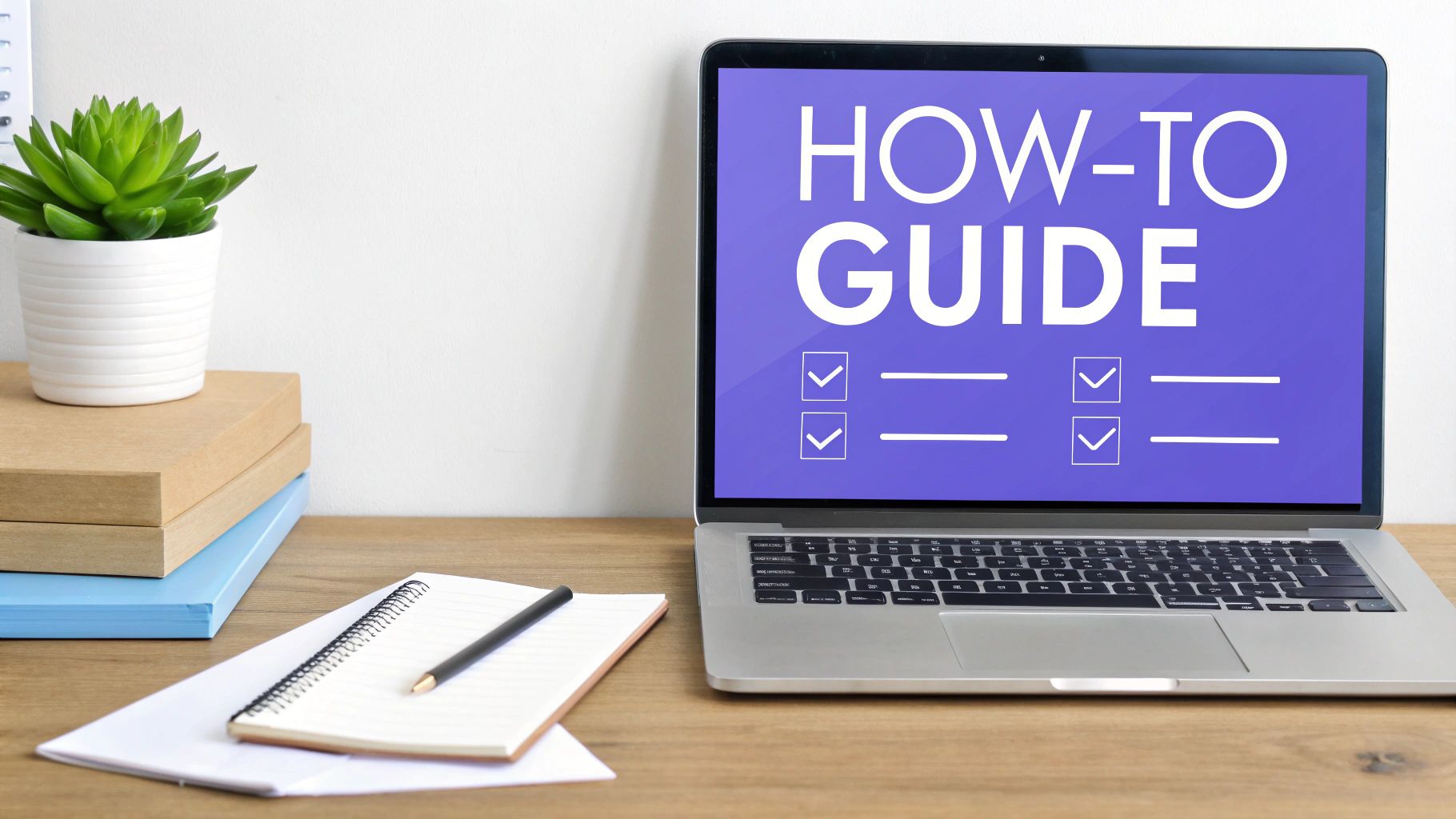 A laptop showing 'HOW-TO GUIDE' on its screen, alongside a plant, books, and a notebook on a wooden desk.