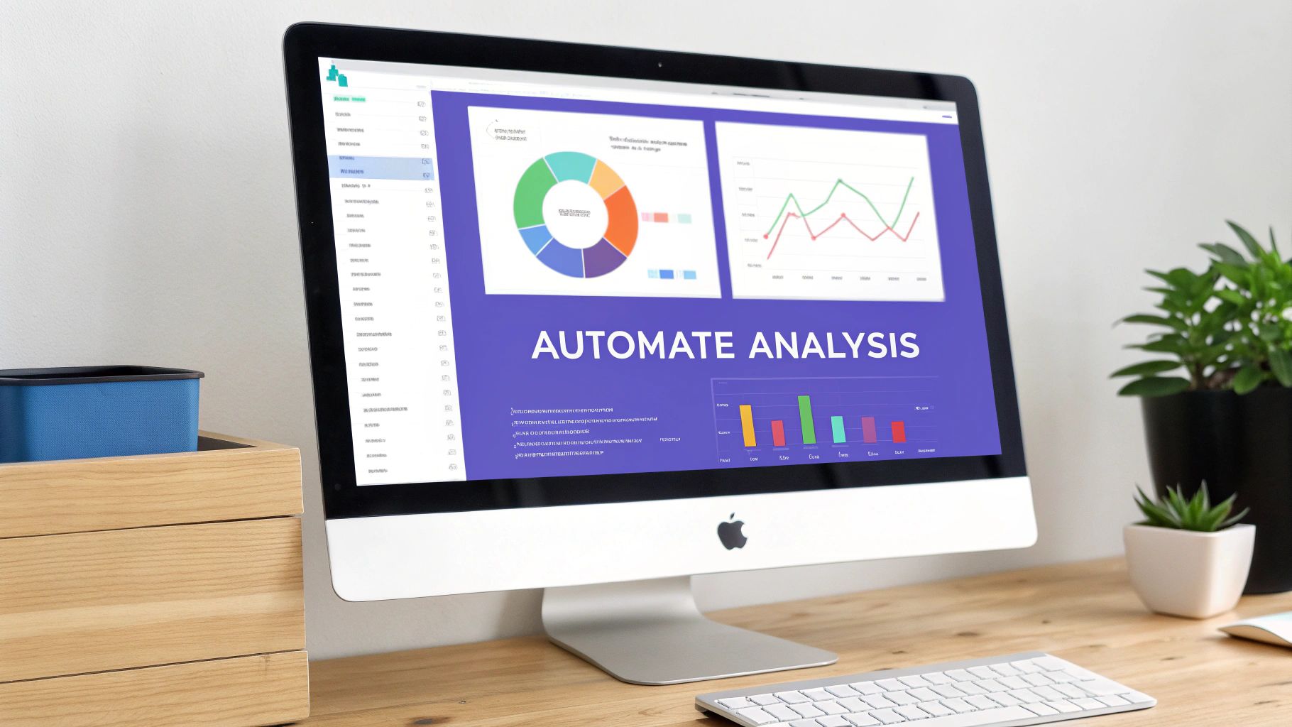 A desktop computer displaying data analysis charts and 'Automate Analysis' on a wooden desk.