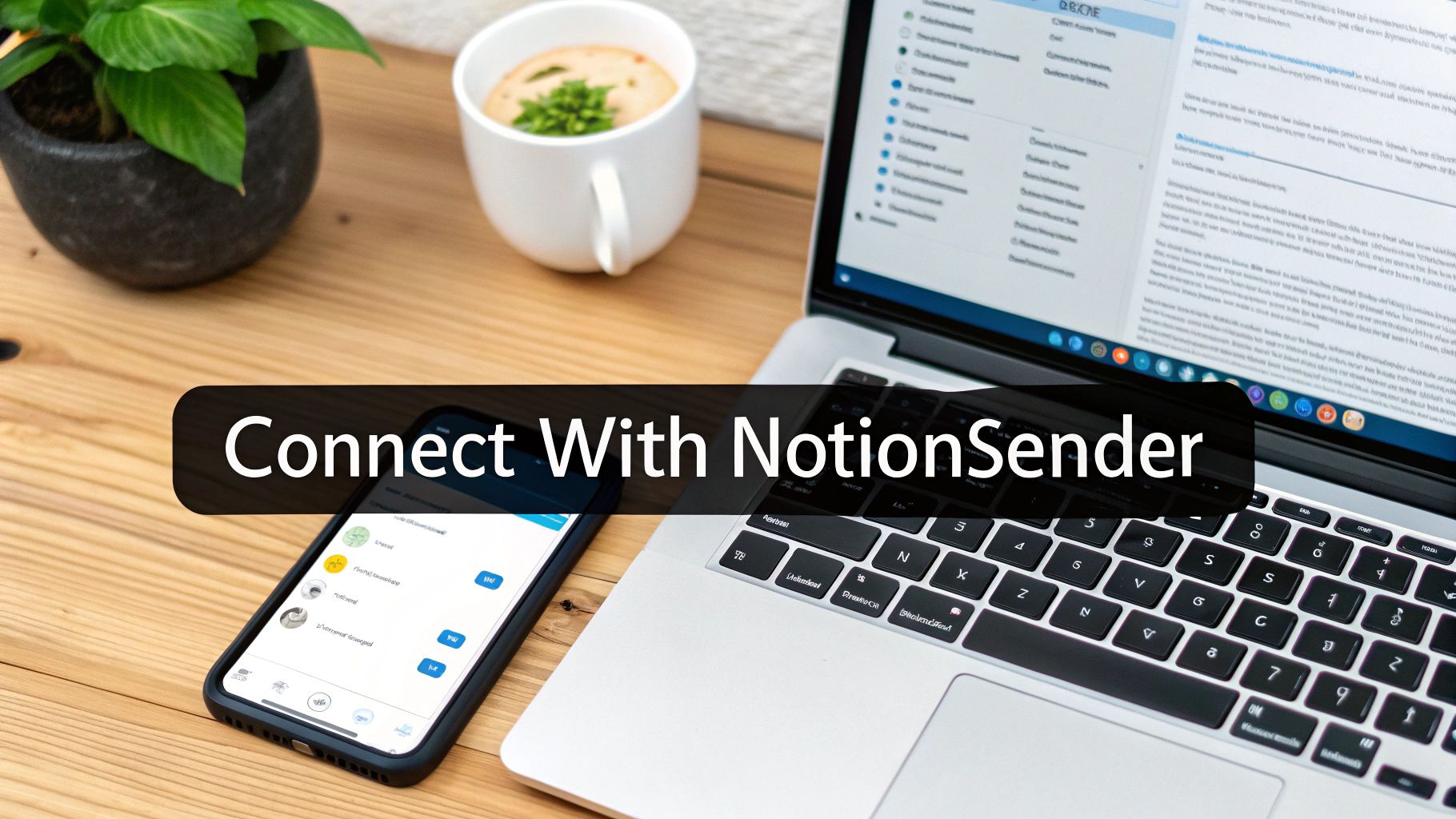 A flat lay of a workspace with a laptop, smartphone, plant, and coffee, featuring a "Connect With NotionSender" banner.