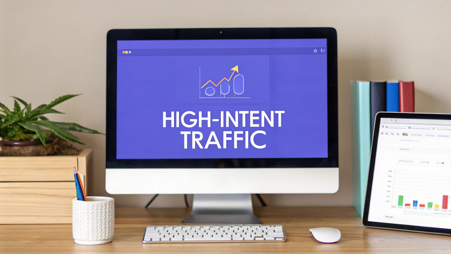 A desk setup with a computer displaying 'HIGH-INTENT TRAFFIC' and a growth chart, alongside a laptop.