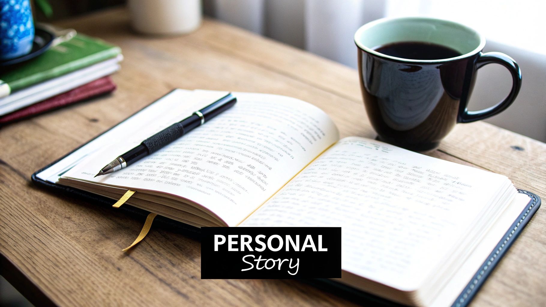 An open notebook with a fountain pen on a wooden desk, alongside a coffee mug and stacked books.