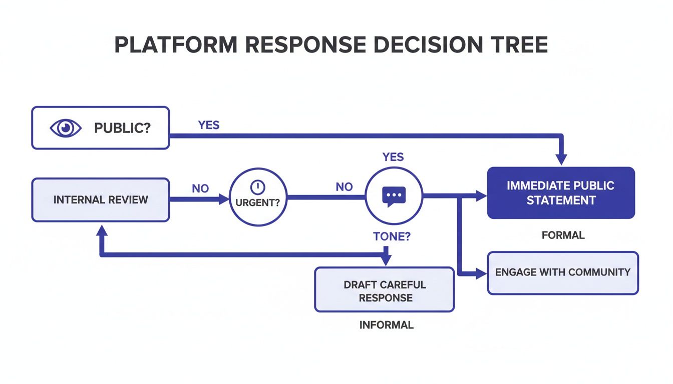 A decision tree for platform response, outlining steps based on public visibility, urgency, and tone.