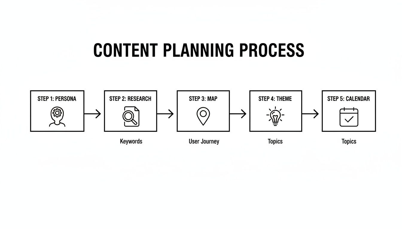 A flowchart illustrating a 5-step content planning process: Persona, Research, Map, Theme, Calendar.