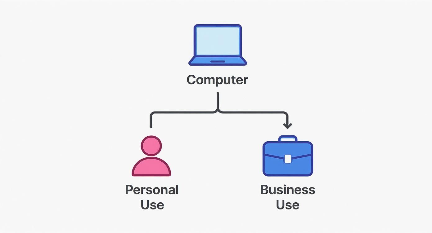 A diagram illustrating that a computer can be used for both personal and business purposes, with icons.