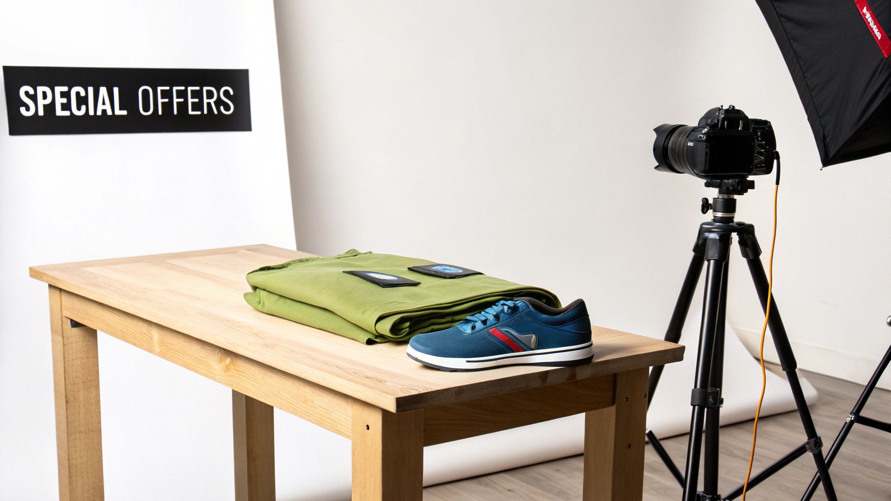 A product photography setup with a green shirt, blue sneaker, camera, and a 'SPECIAL OFFERS' sign.