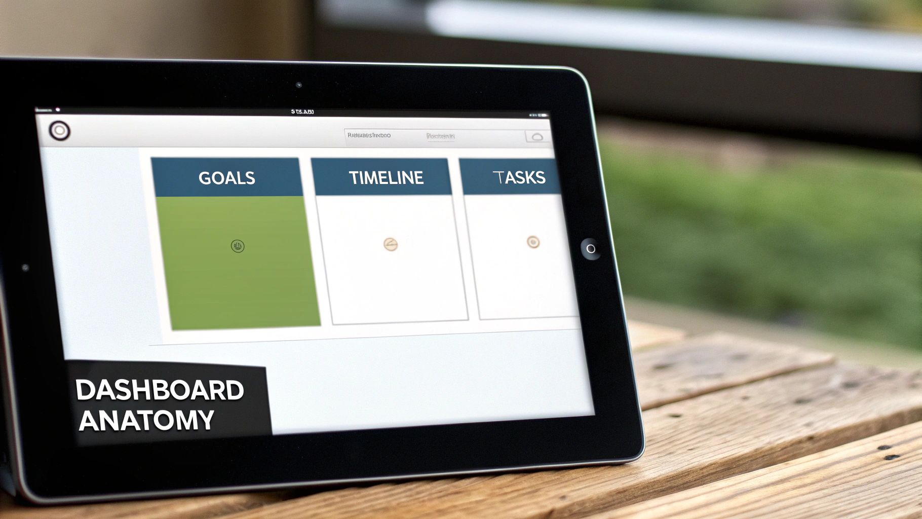 An iPad shows a project management dashboard displaying sections for goals, timeline, and tasks.