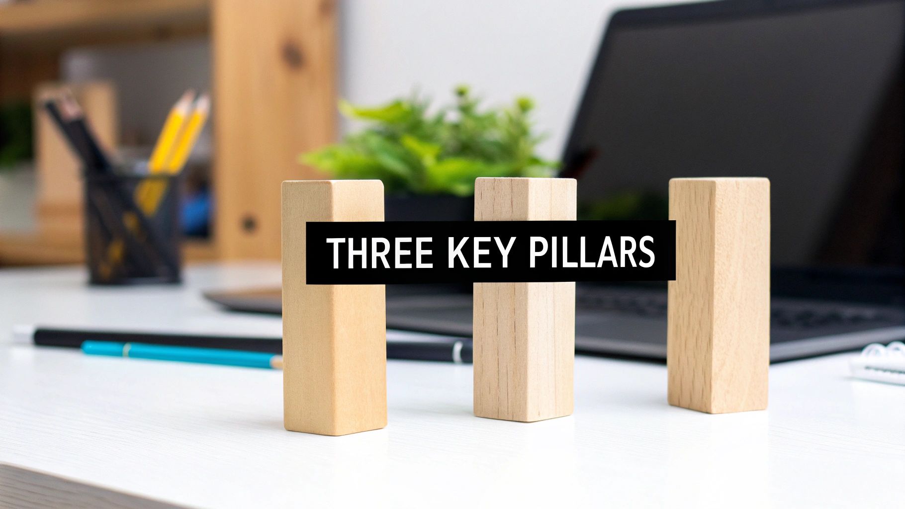 Three wooden blocks on a white desk with 'THREE KEY PILLARS' banner, symbolizing core elements.