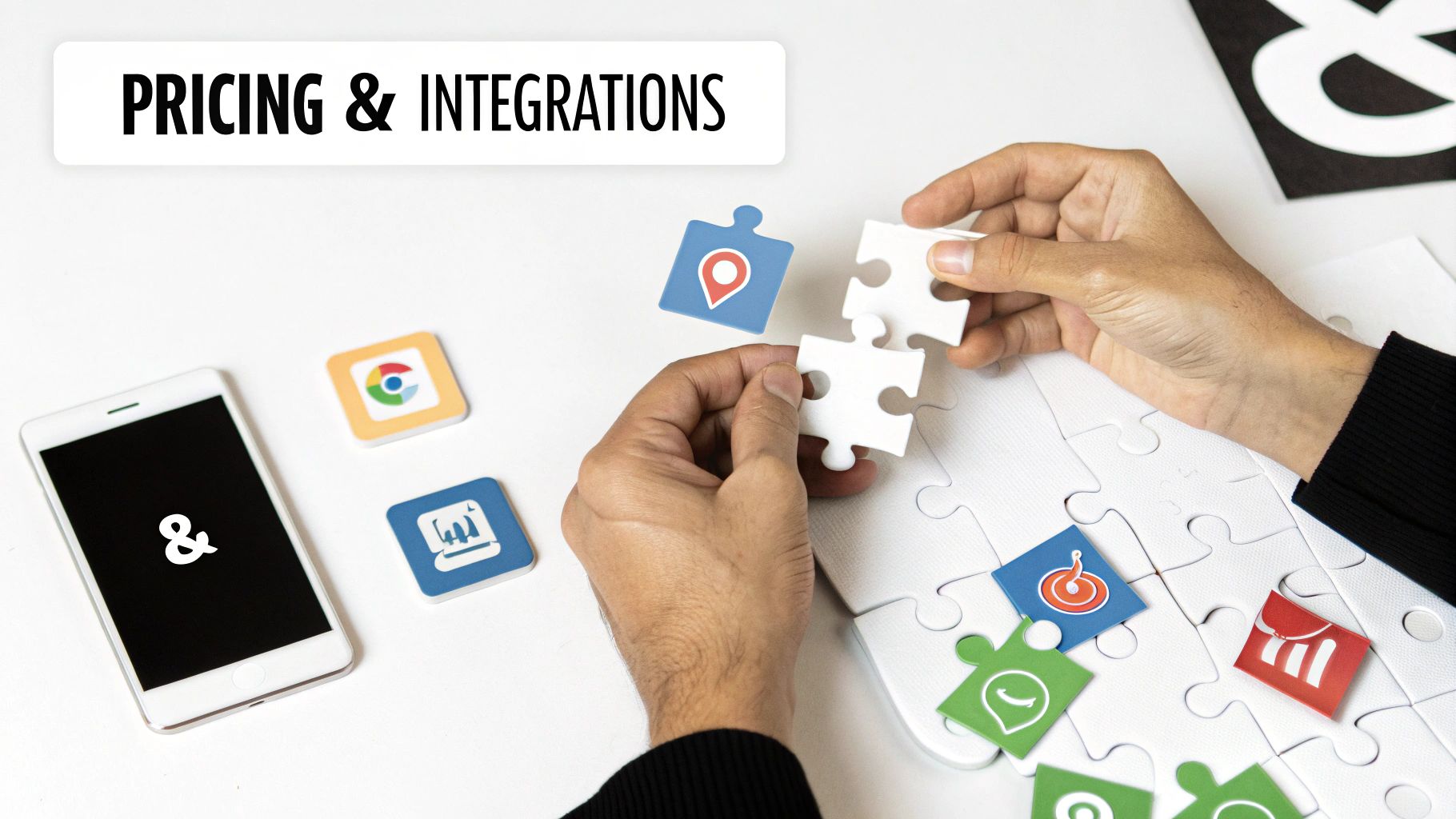 A person's hands assembling a puzzle with app icons, next to a smartphone and a "PRICING & INTEGRATIONS" sign.