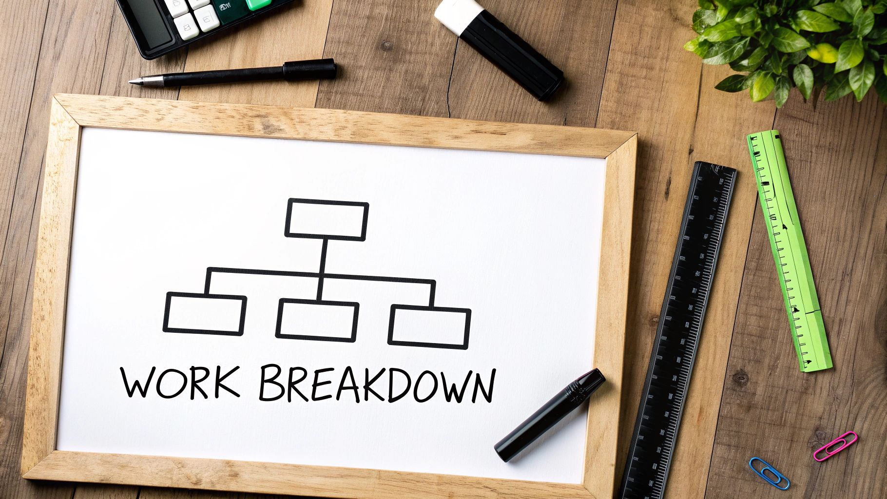 A whiteboard on a wooden desk shows a work breakdown structure diagram with 'WORK BREAKDOWN' text.