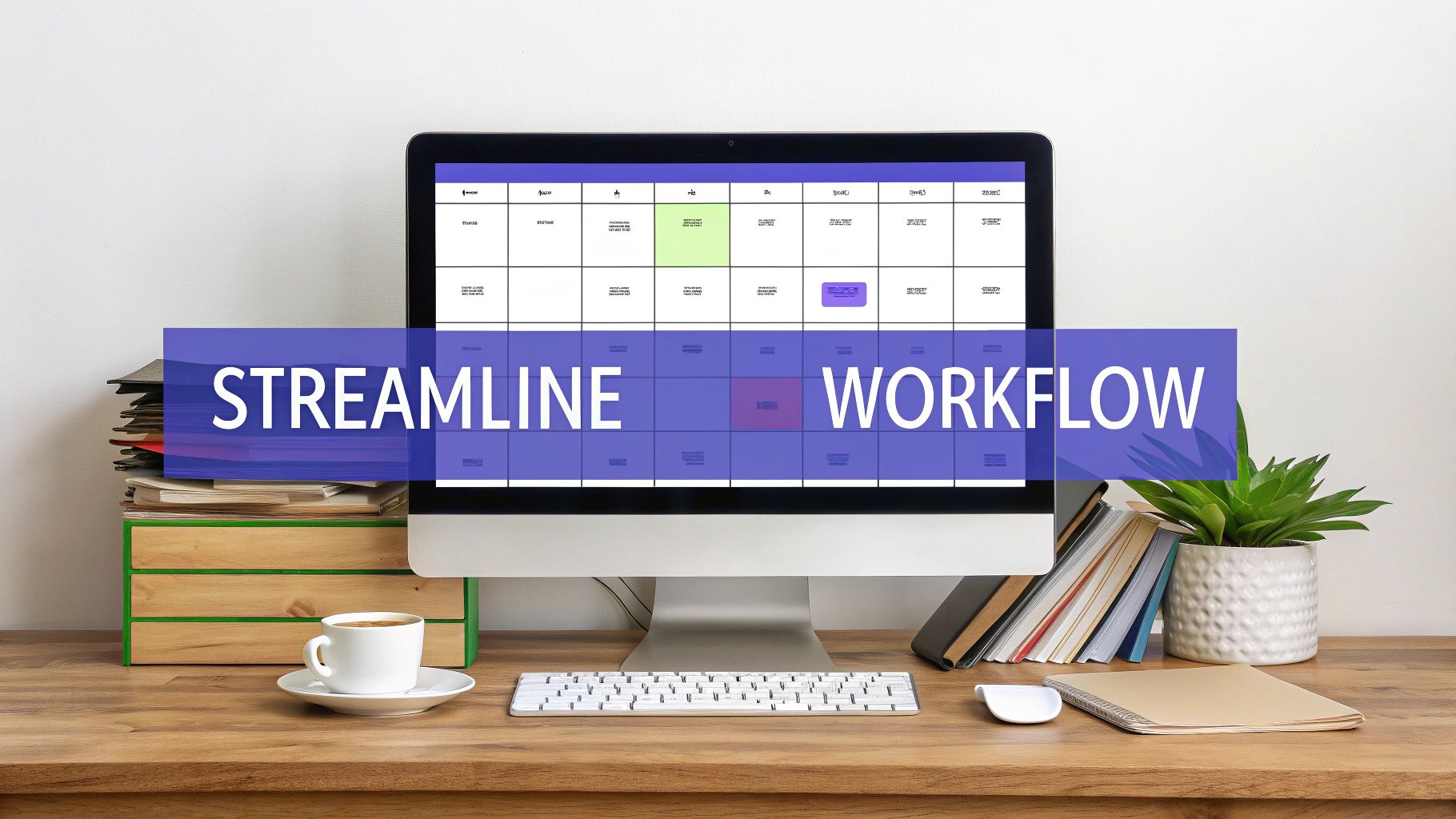 A desk with a computer displaying a calendar, a coffee cup, and a plant. A banner says 'Streamline Workflow'.