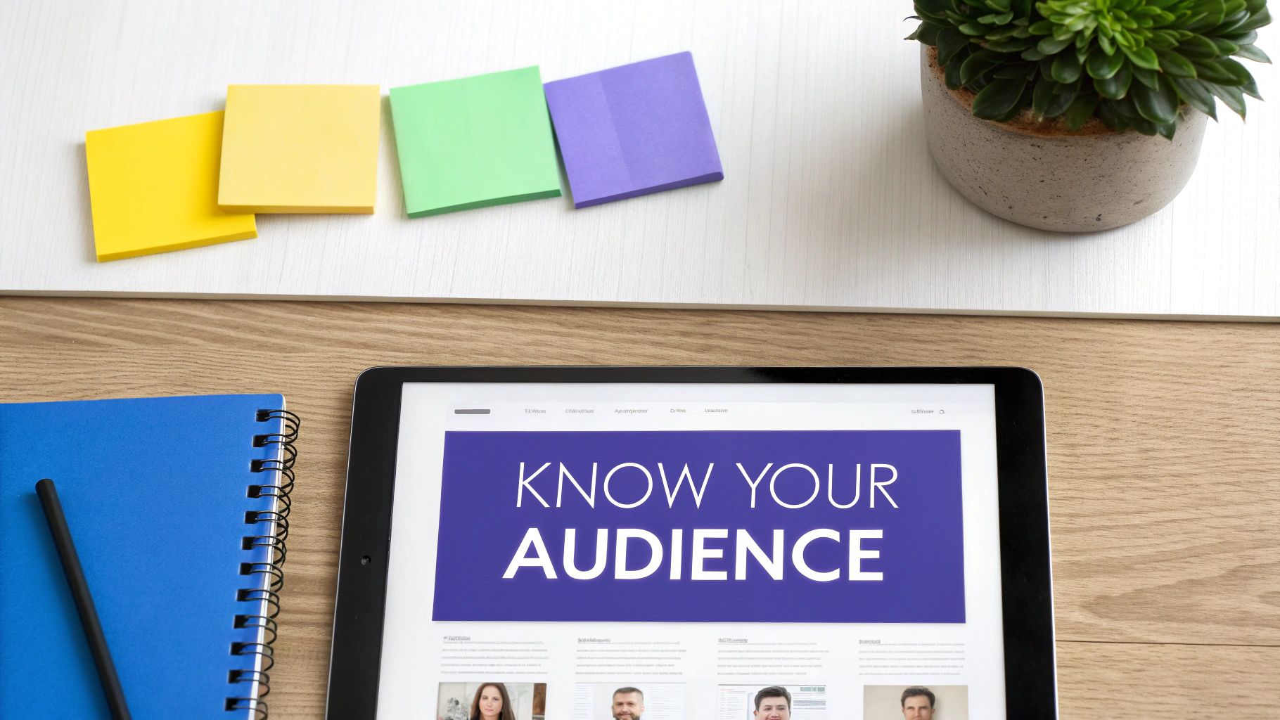A tablet displays 'KNOW YOUR AUDIENCE' on a desk with colorful sticky notes, a notebook, and a plant.