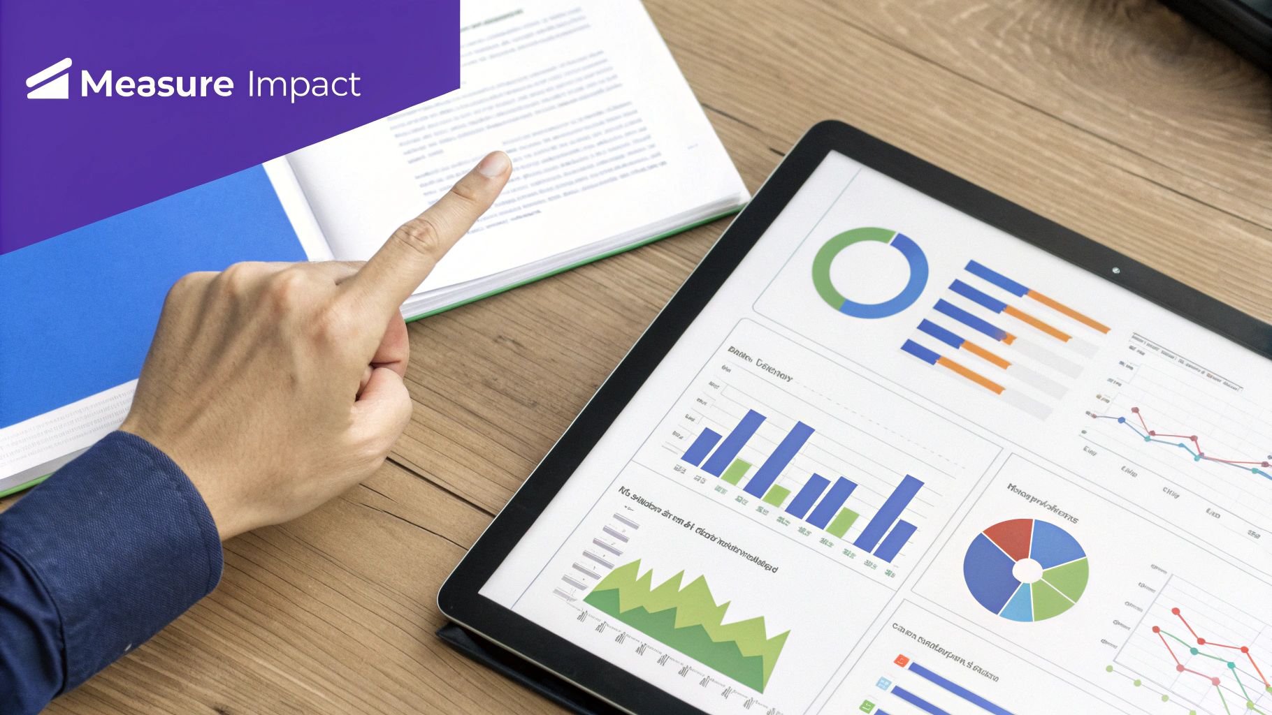 Business professional reviewing colorful data analytics dashboard with charts and graphs on tablet device