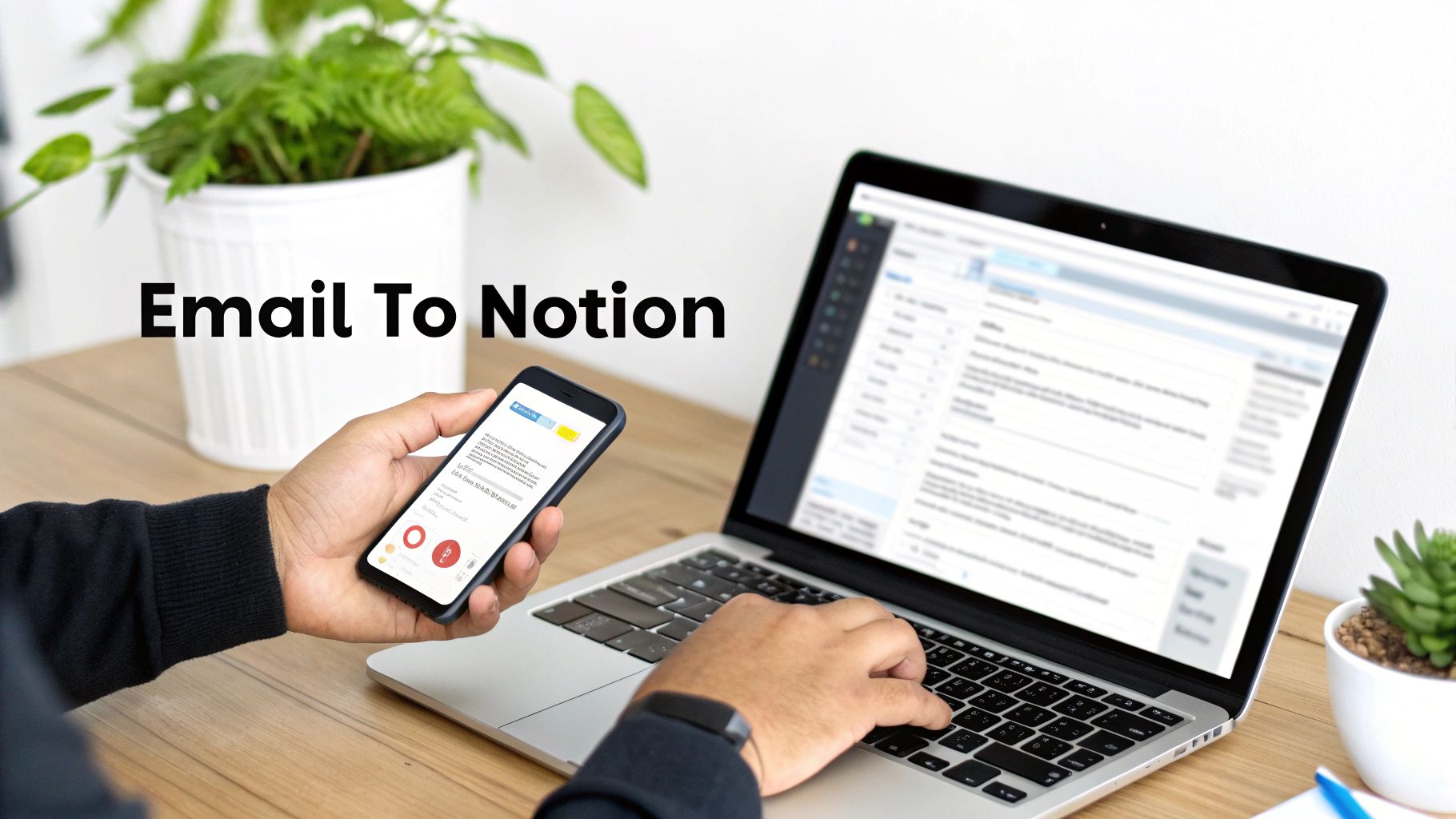 A person works on a laptop and smartphone, displaying 'Email To Notion' on the screen.