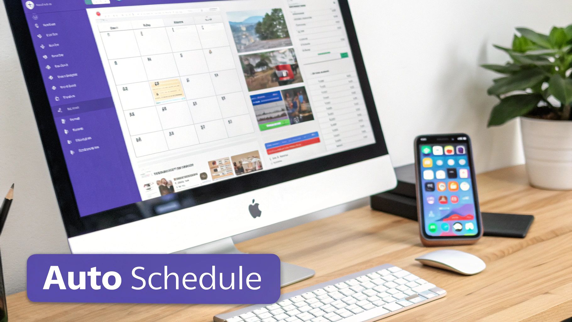 A modern desk setup featuring an Apple iMac displaying a digital calendar and a smartphone for auto scheduling.