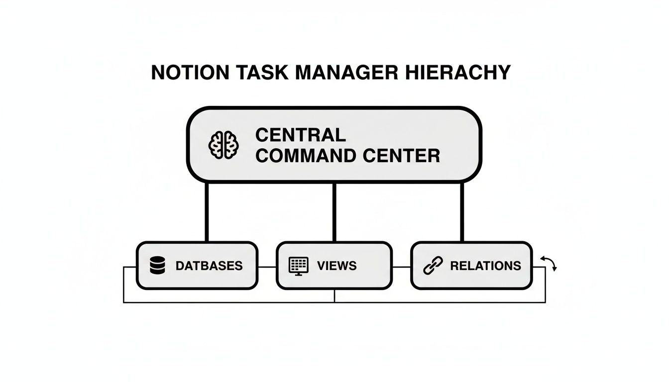 Hierarchy diagram illustrating a Notion task manager system with central command, databases, views, and relations.