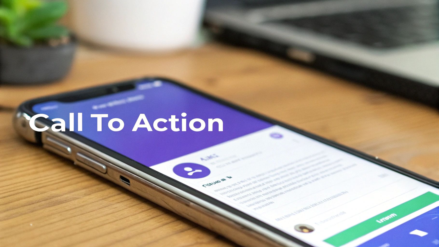 A smartphone displays 'Call To Action' on a social media app, resting on a wooden desk.