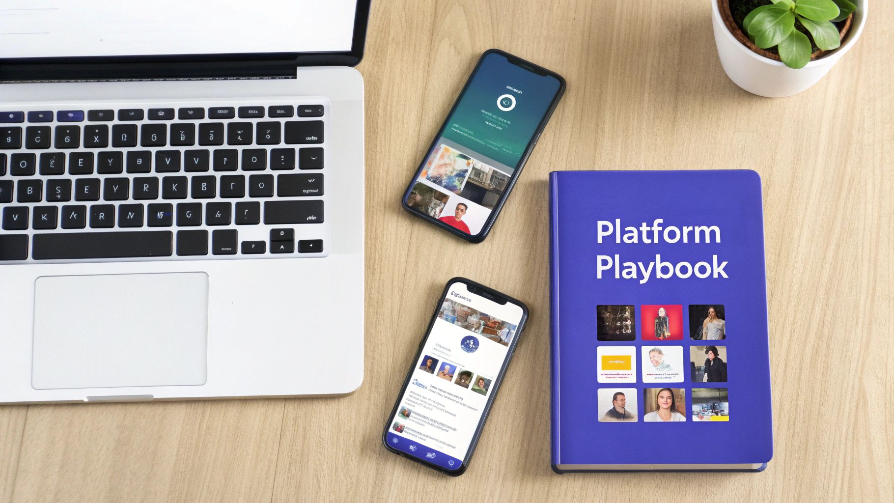 A flat lay of a modern workspace featuring a laptop, two smartphones, and a 'Platform Playbook' book.
