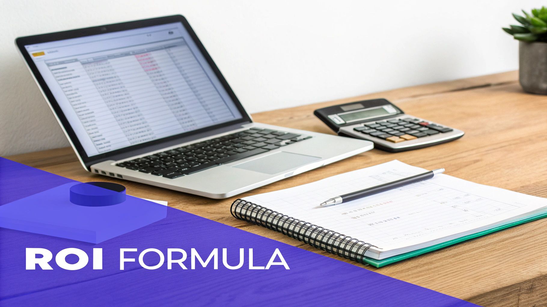A desk with a laptop displaying a spreadsheet, calculator, notebook, pen, and 'ROI FORMULA' text.