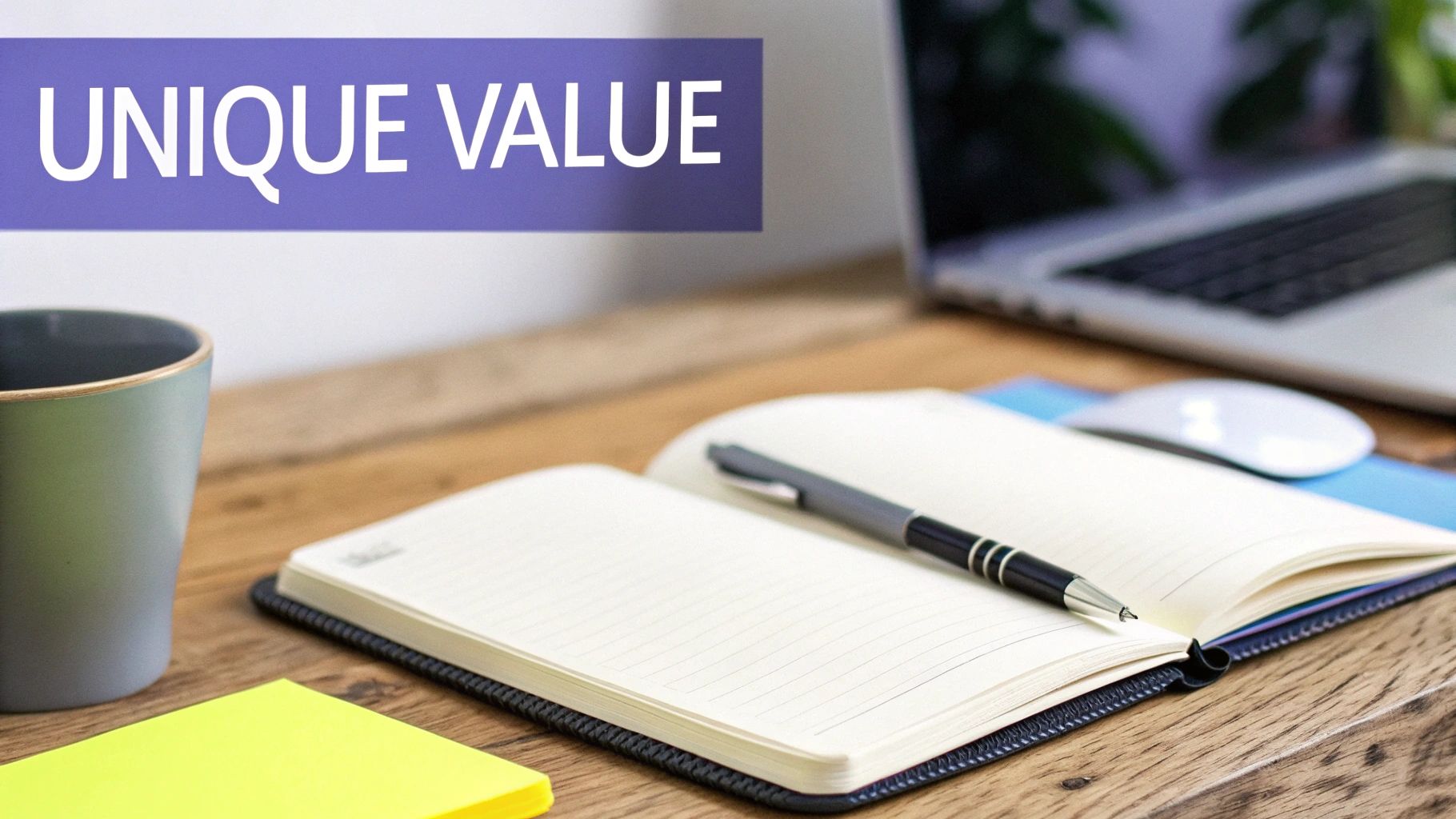 A workspace with an open notebook, pen, coffee mug, laptop, and 'UNIQUE VALUE' text on a banner.