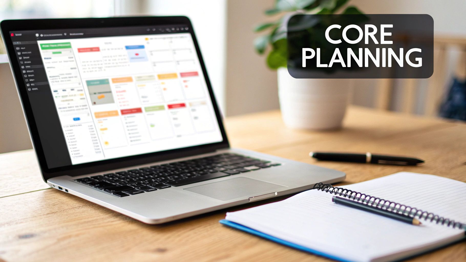 A laptop displaying a digital calendar and planning software on a wooden desk, next to a notebook and pen.