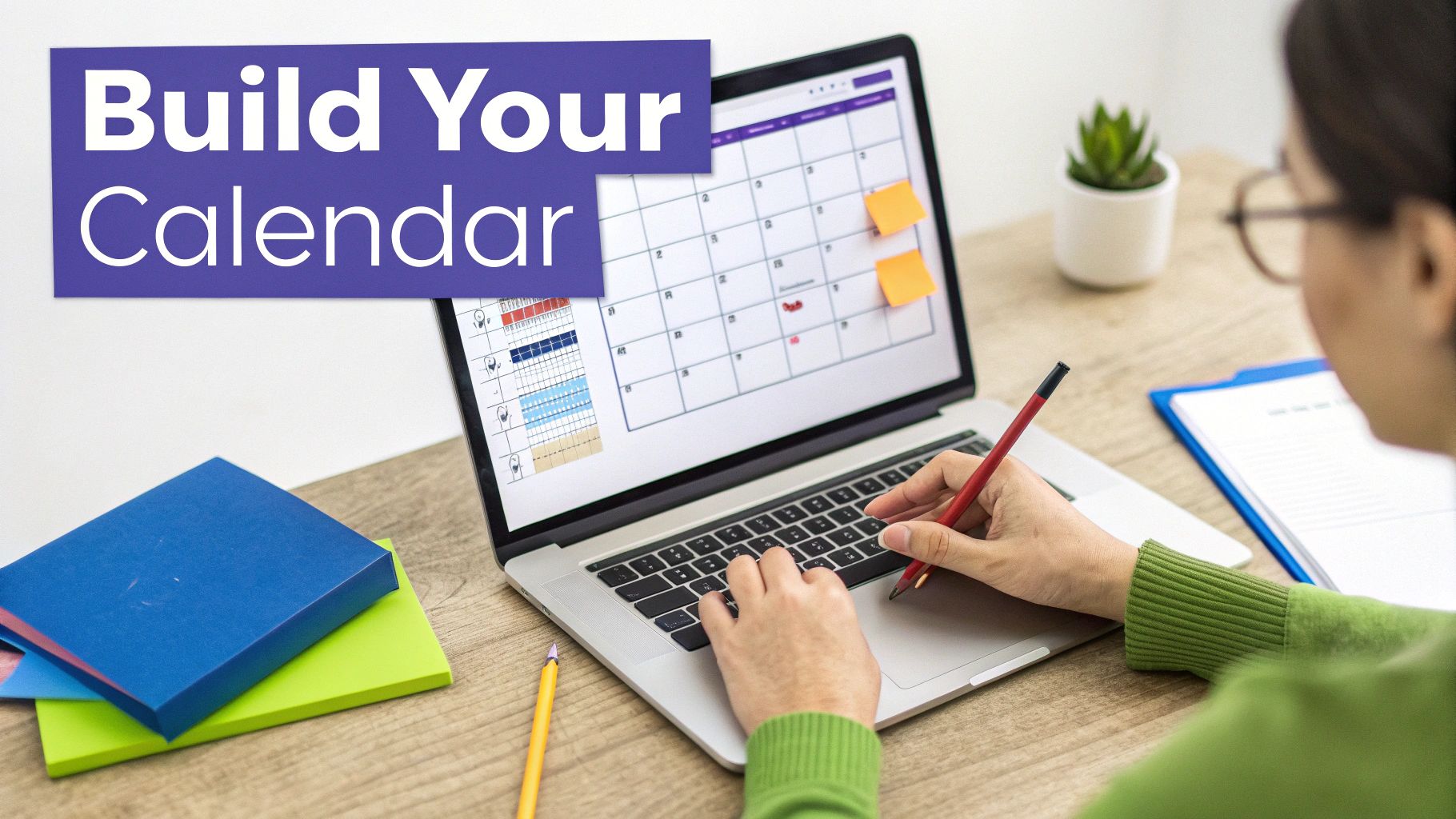 Person using laptop to build and organize digital calendar with sticky notes on desk