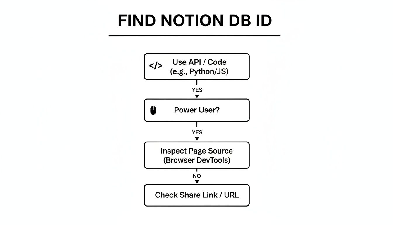 Flowchart illustrating methods to find a Notion database ID using API, browser dev tools, or URL.