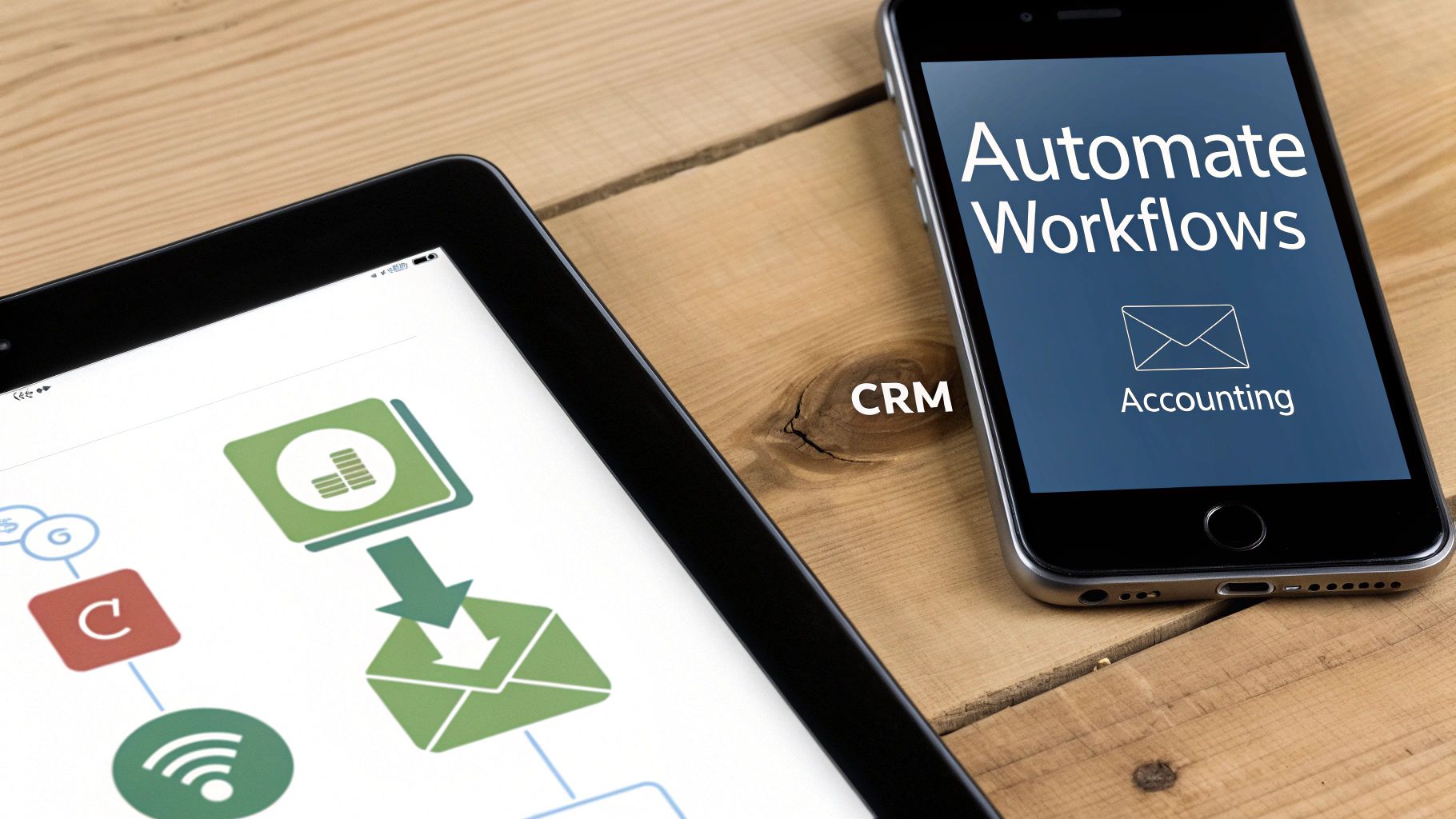 Digital devices displaying automated workflows, accounting software, and CRM integration on a wooden desk.