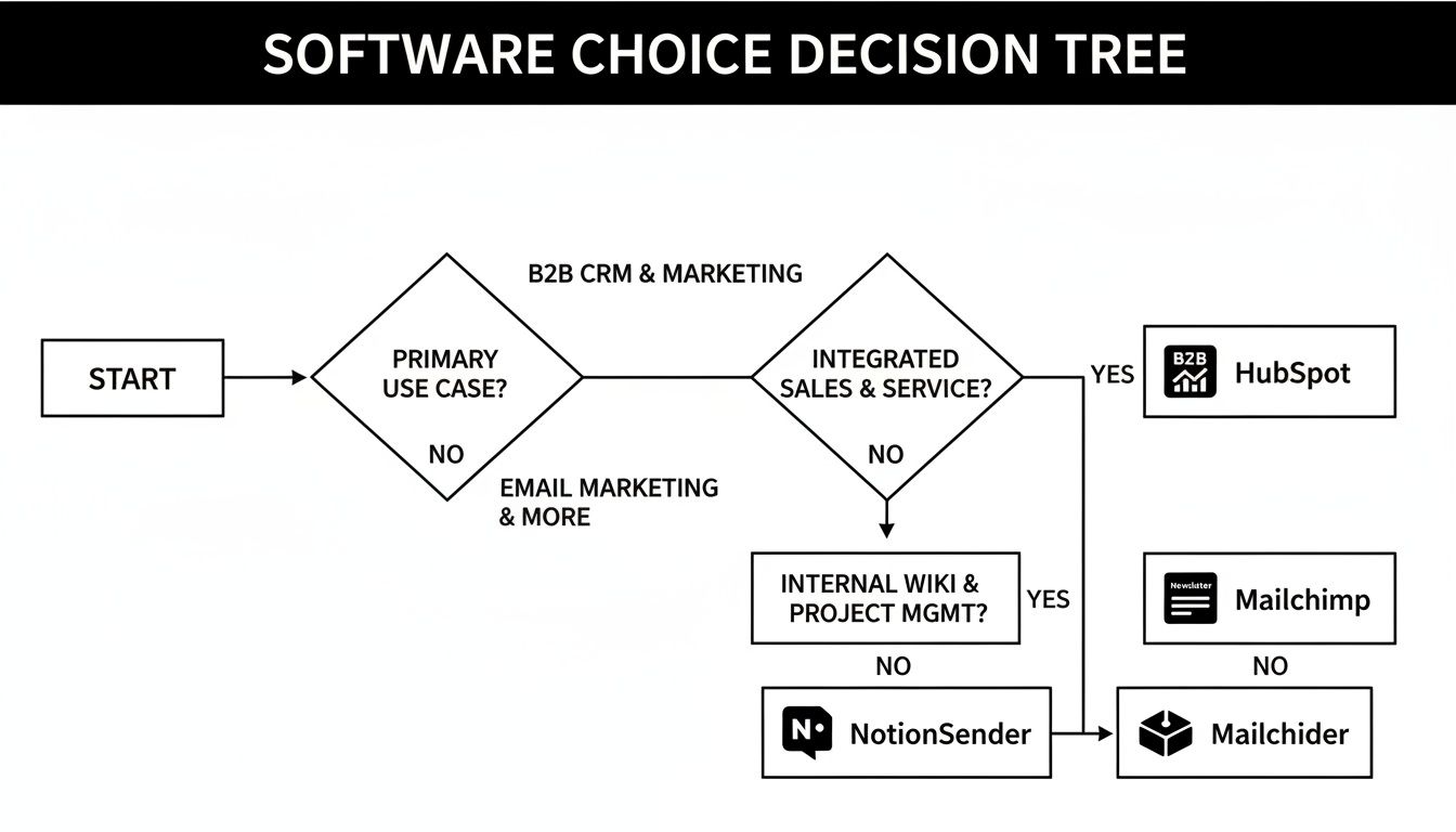 Decision tree guiding software choice for marketing, sales, internal wiki, and project management needs.