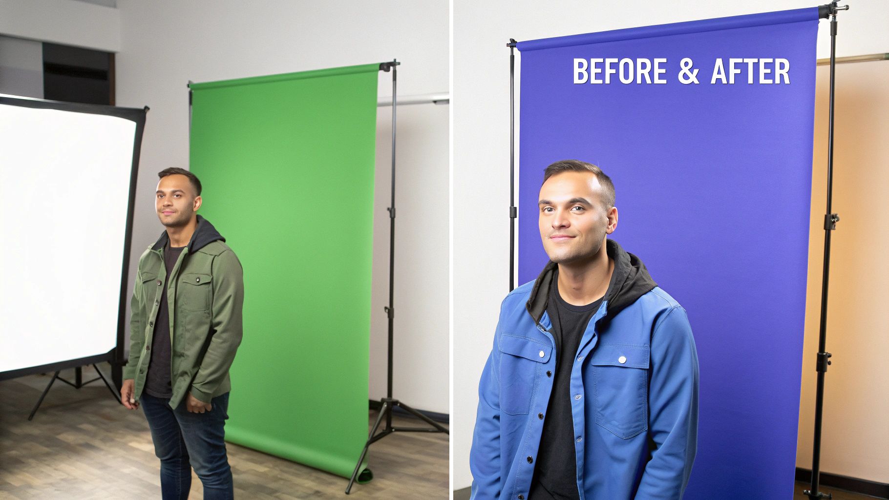 A man's before and after photos, showing him in front of a green screen then a blue backdrop.