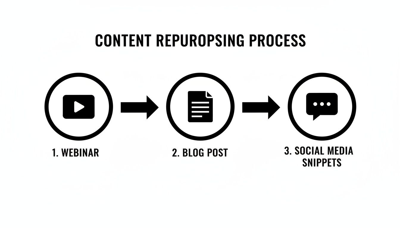 Content repurposing process diagram, illustrating transformation from a webinar into a blog post and social media snippets.