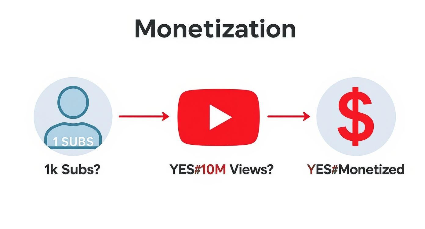 A diagram showing the YouTube Shorts monetization path, requiring 1k subscribers and 10 million views for earnings.