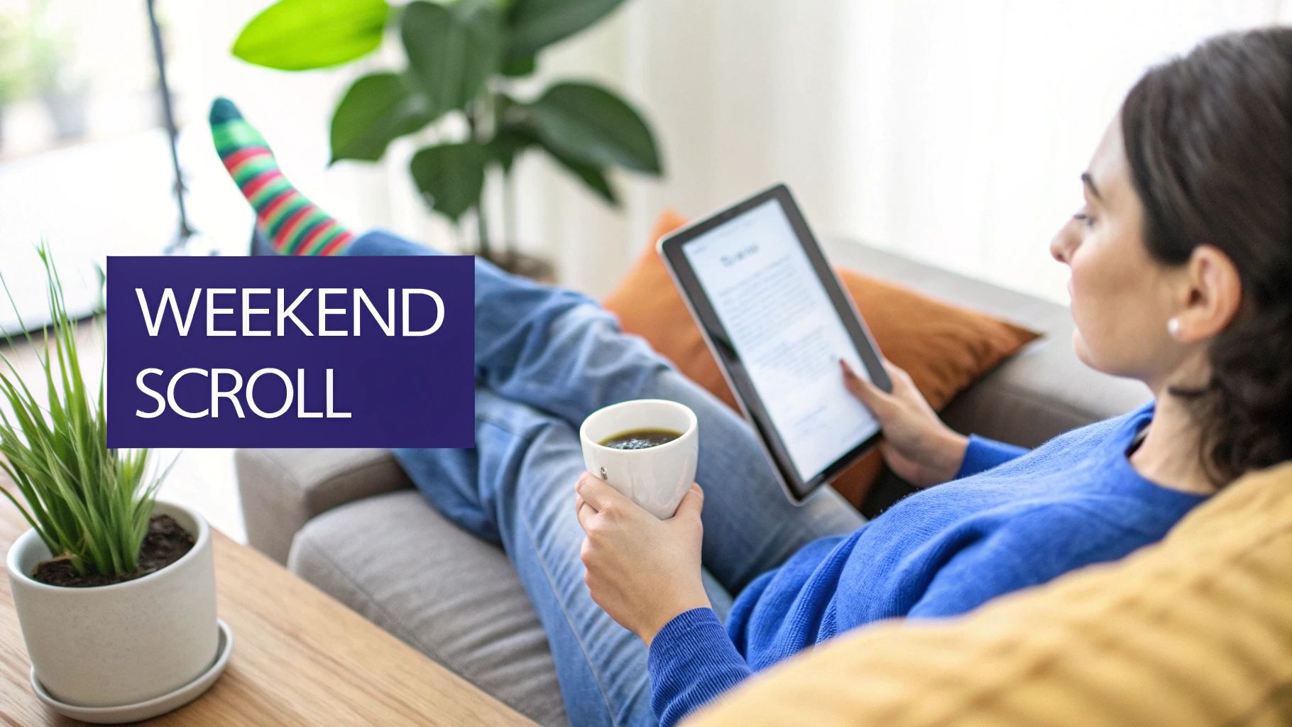 A person relaxes on a couch, reading a tablet and holding a coffee cup.