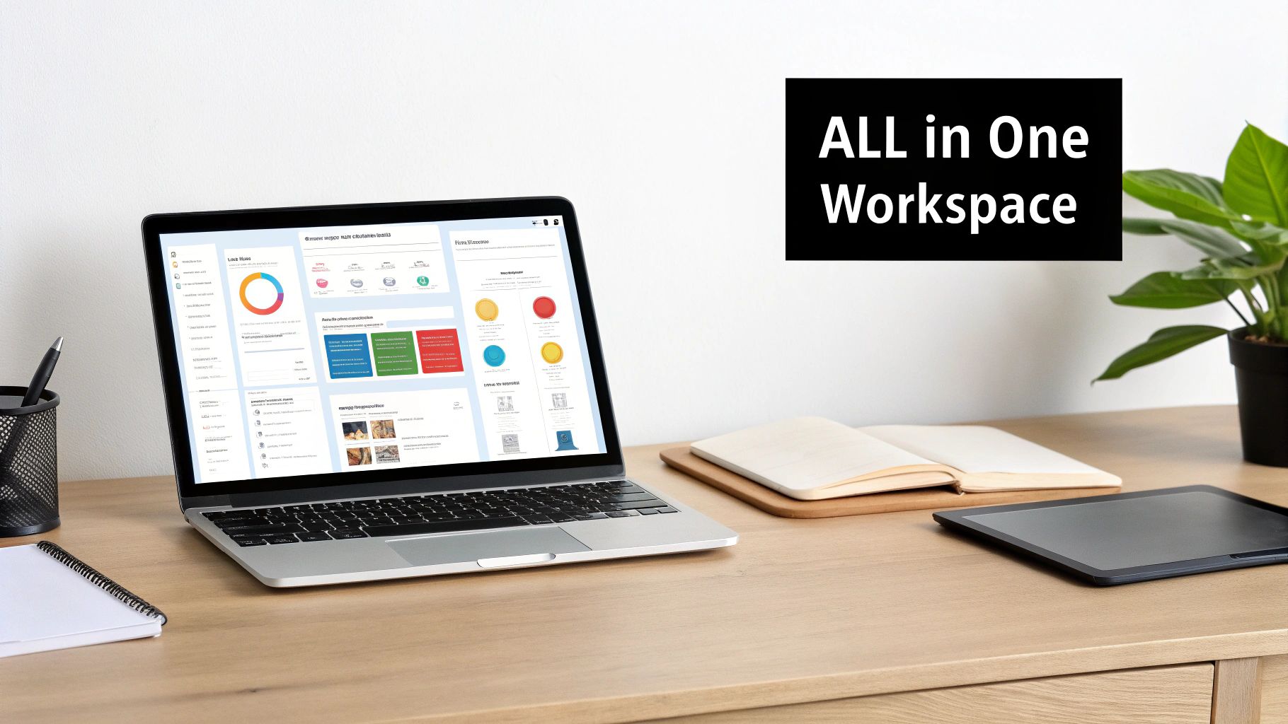 Modern workspace with a laptop displaying a dashboard, an open notebook, tablet, and a plant.