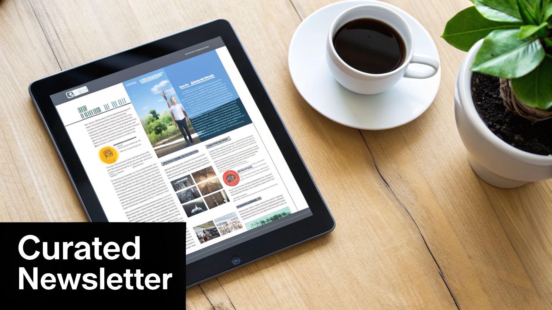 A tablet displays a digital newsletter alongside a coffee cup and a potted plant on a wooden desk.