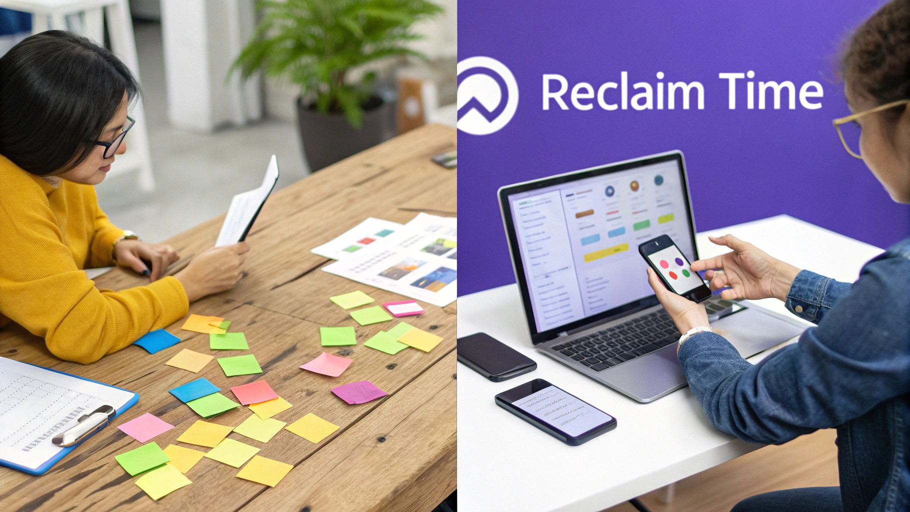 Two women manage workflows: one uses sticky notes, another interacts with Reclaim Time app on laptop and phone.