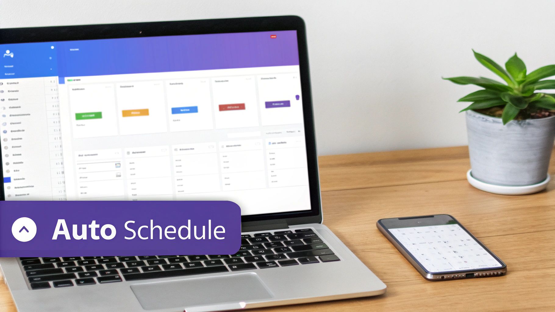 A laptop displaying a scheduling interface, a smartphone, and a plant on a wooden desk with an 'Auto Schedule' banner.
