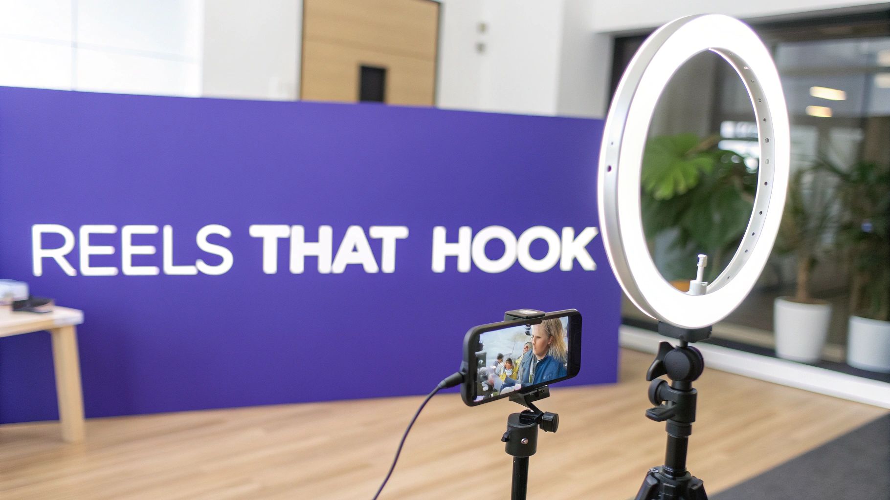 A smartphone on a tripod with a ring light, set up for video recording in front of a purple wall that says 'REELS THAT HOOK'.