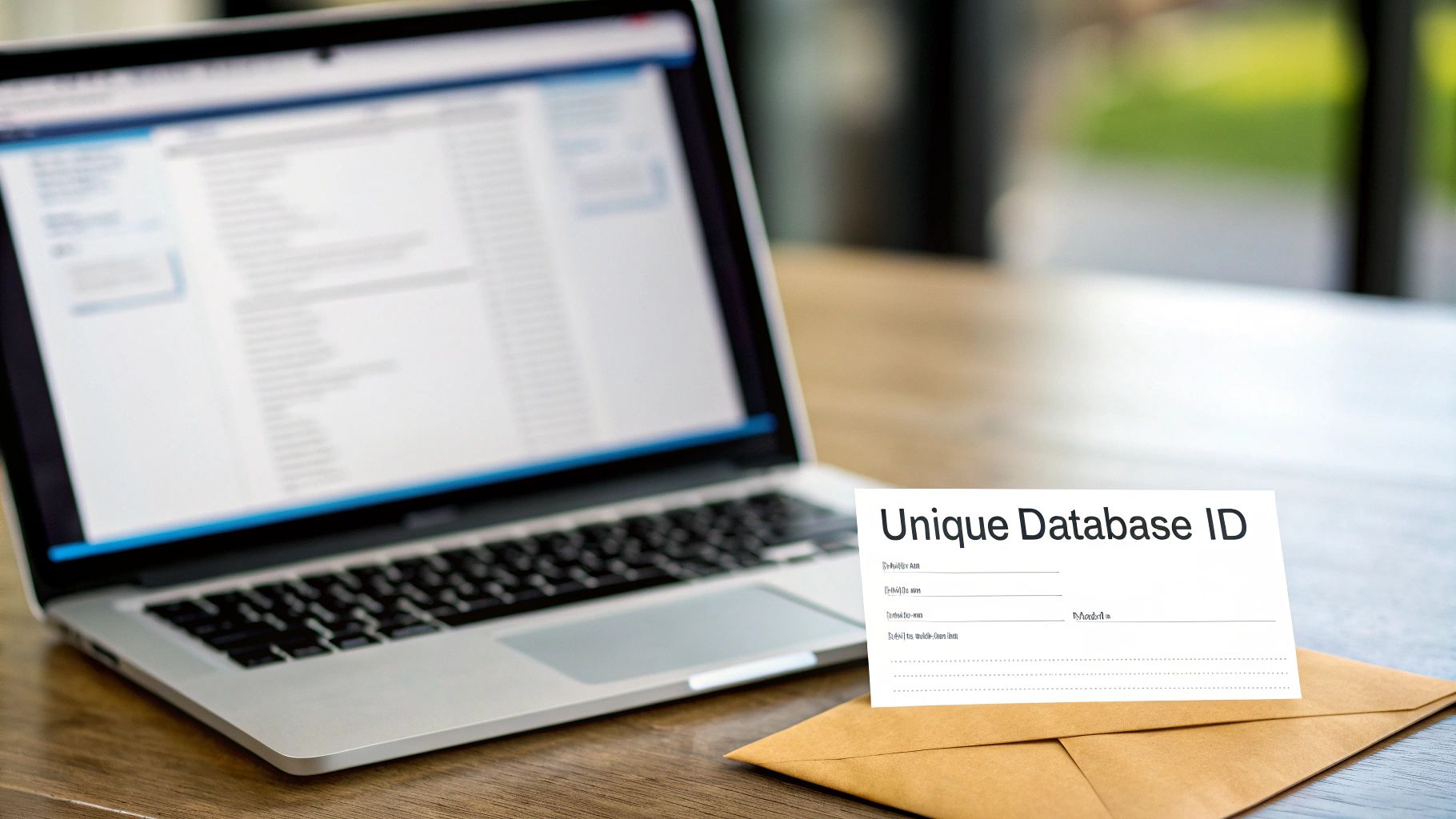 A laptop displaying database content, next to a white card reading 'Unique Database ID' on a brown envelope.