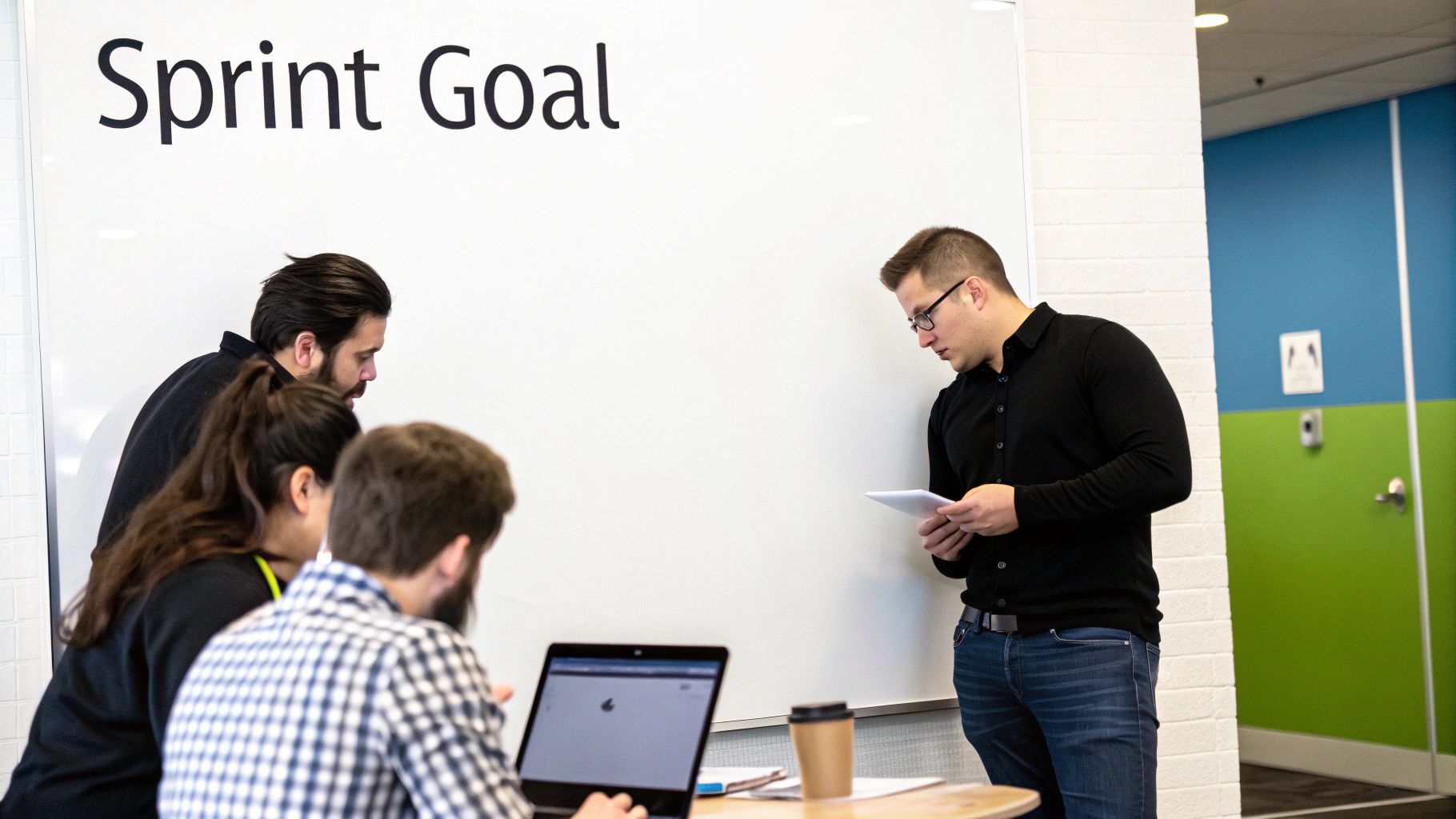 A team of colleagues collaborating around a whiteboard with 'Sprint Goal' written on it during a meeting.