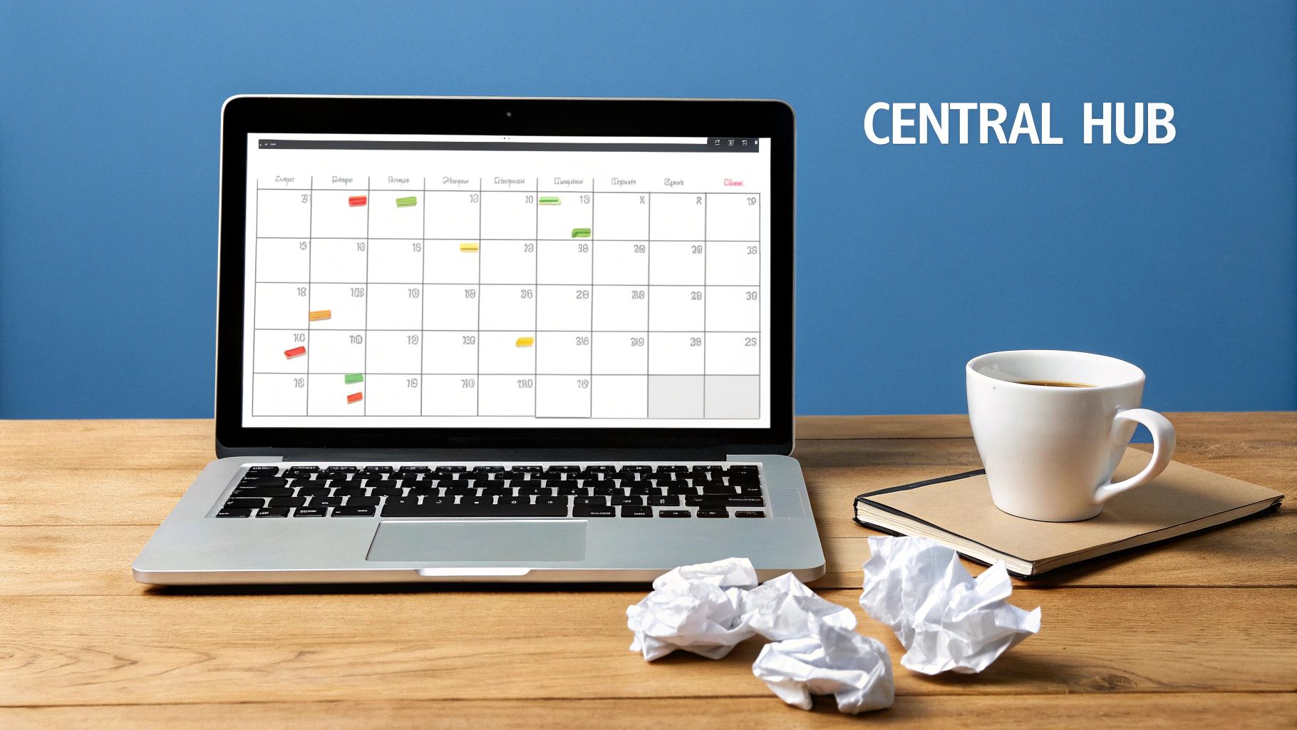 Laptop shows content calendar, coffee cup, notebook, and crumpled papers on desk; 'CENTRAL HUB' on wall.
