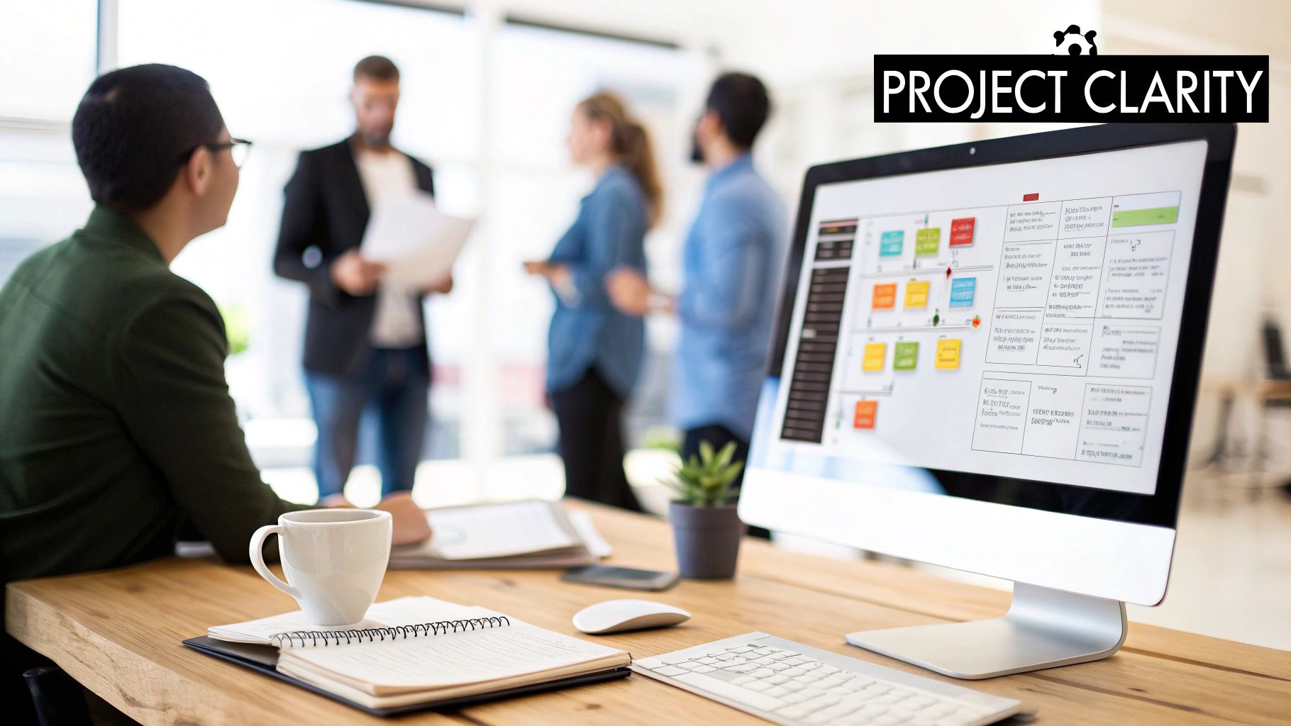 A person at a desk with a computer displaying a project management dashboard, a coffee mug, and a notebook.