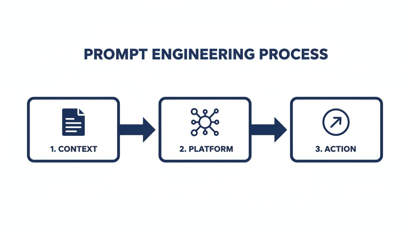 A flowchart illustrating the prompt engineering process with three steps: Context, Platform, and Action.