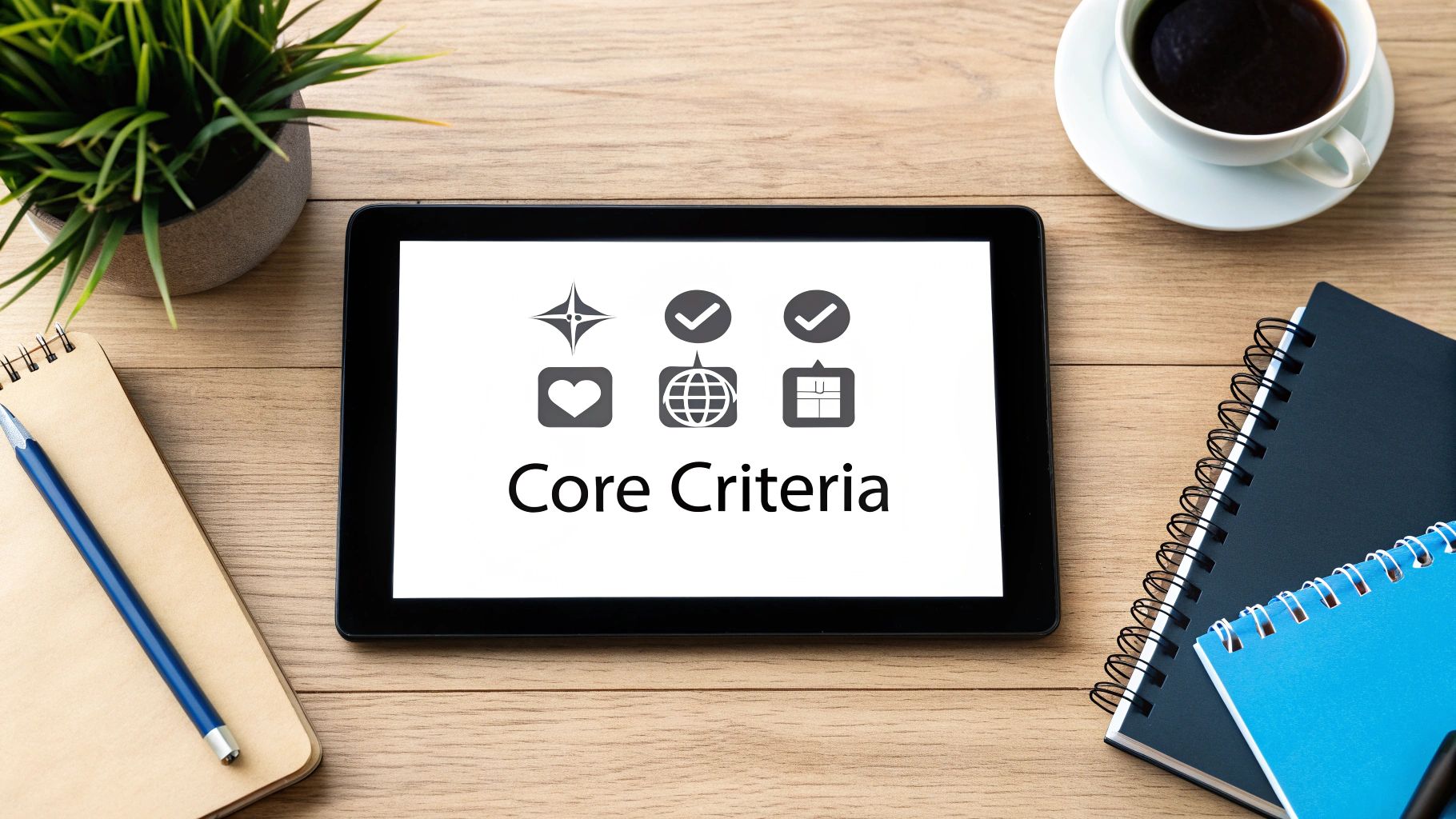 Flat lay of a wooden desk with a tablet displaying 'Core Criteria' and icons, notebooks, coffee, and a plant.
