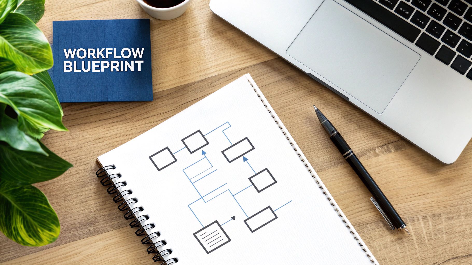 Overhead view of a desk with 'WORKFLOW BLUEPRINT' document, a flowchart, laptop, and coffee.