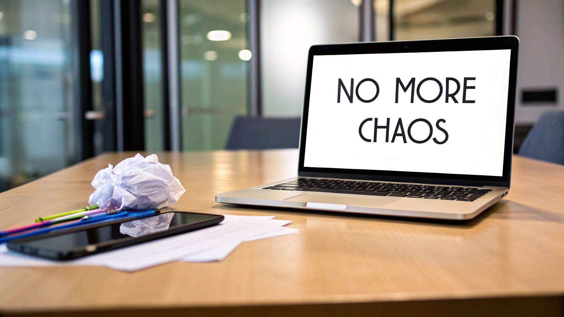 Laptop displaying 'NO MORE CHAOS' on a clean office desk with a phone and pens.
