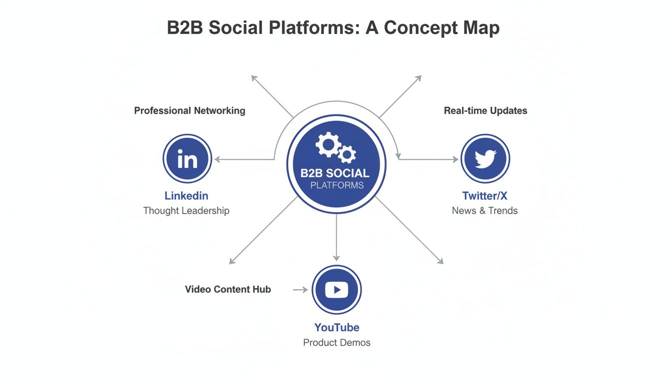 A concept map illustrating B2B social platforms: LinkedIn for networking, Twitter/X for updates, and YouTube for demos.